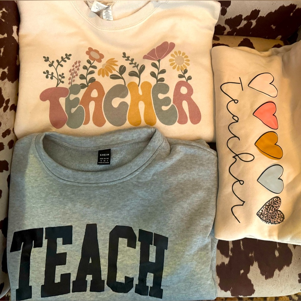 3 GUC “teacher” crew neck sweatshirts